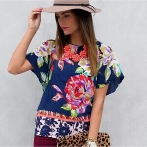 MAEVE Anthropologie Gardenia 100% Silk Blue Floral Flutter Sleeve Blouse Sz 2